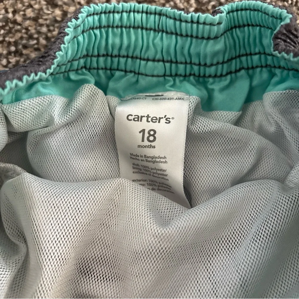 Carter's Baby Boy Teal Gray Striped Swim Shorts Trunks 18 months